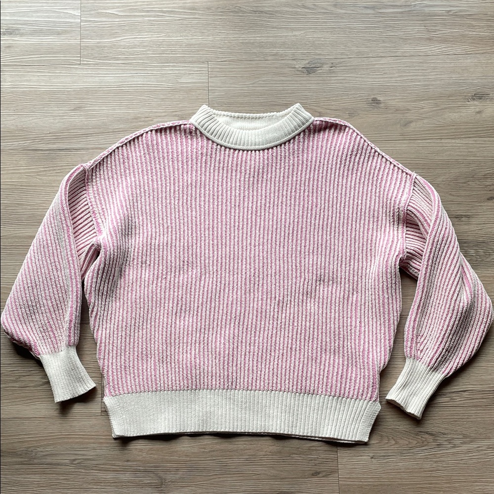 Aerie Pink and Cream Crew Neck Sweater with Ribbed Knit